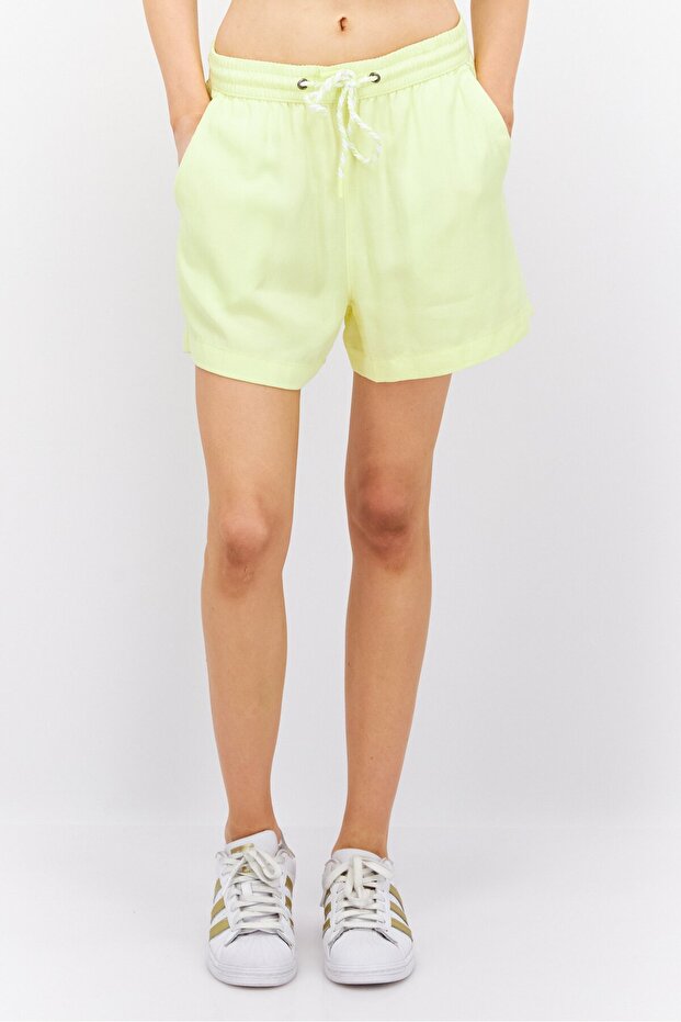 Women Solid Basic Shorts, Yellow - 1