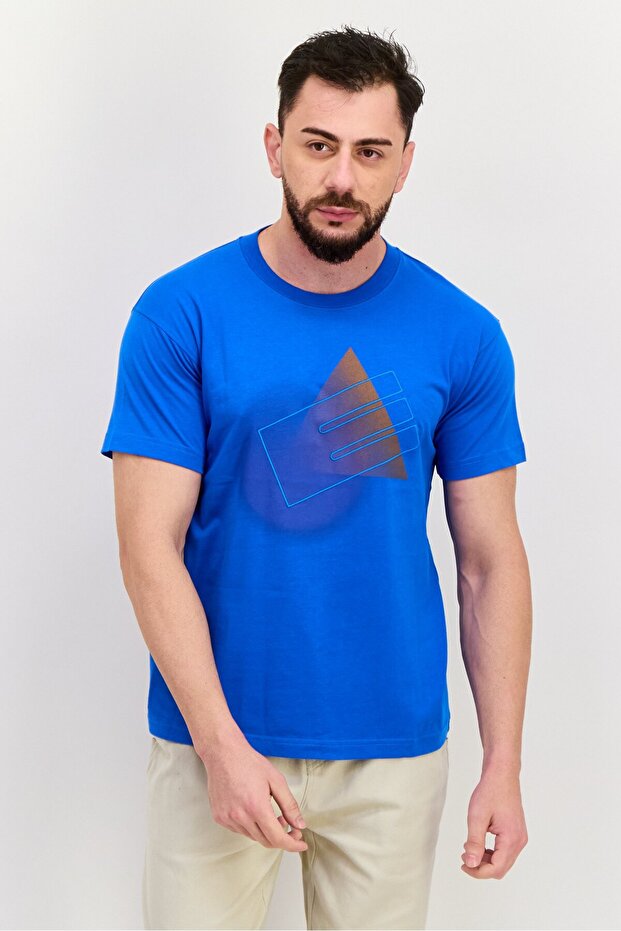 Men Crew Neck Short Sleeves Brand Logo T-Shirt, Blue