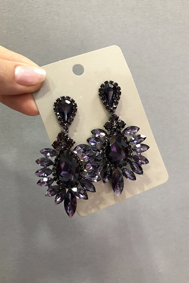 Dark Gray Earrings with Purple Crystal Glass Oval Stones