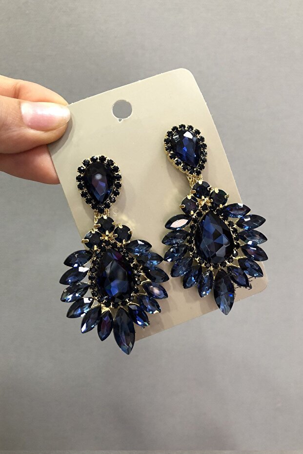 Navy Blue Crystal Glass Yellow Earrings with Oval Stones