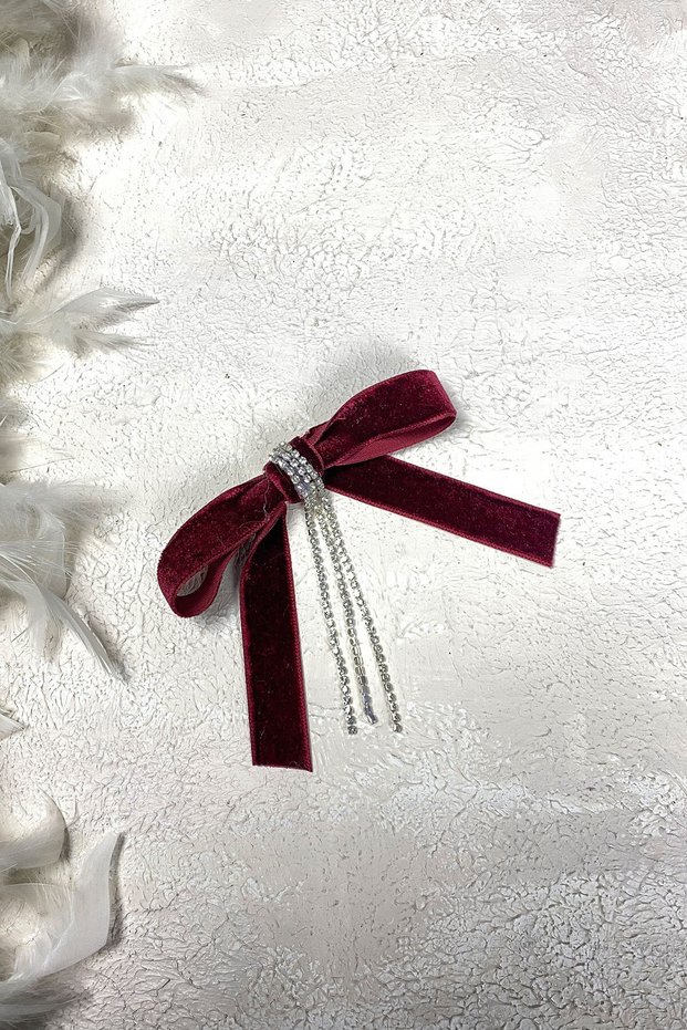 Bow Velvet Ribbon Hanging Rhinestone Hair Clip