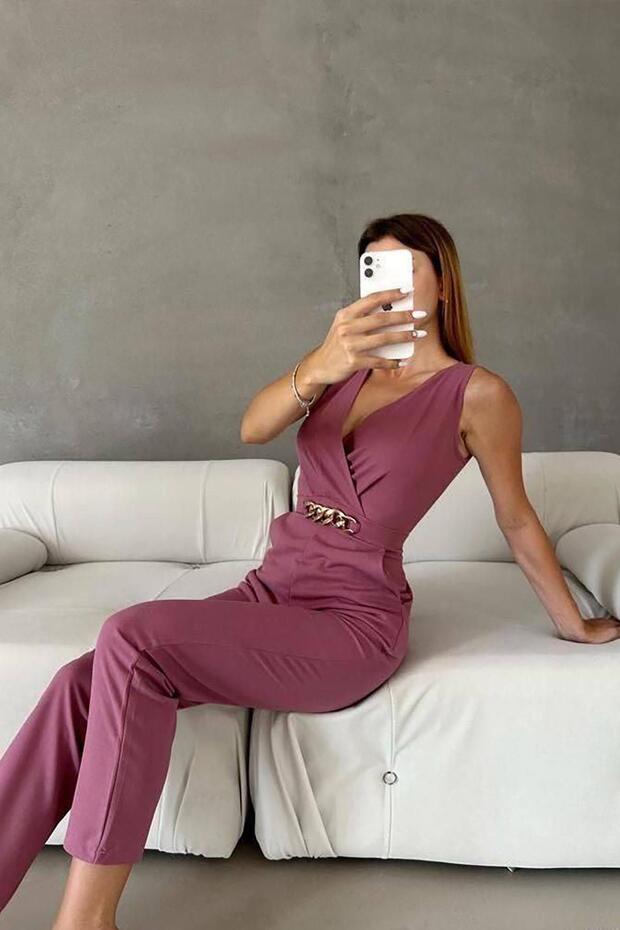 Gül Kurusu İthal Krep Kumaş Zincir Detaylı Tulum - 2