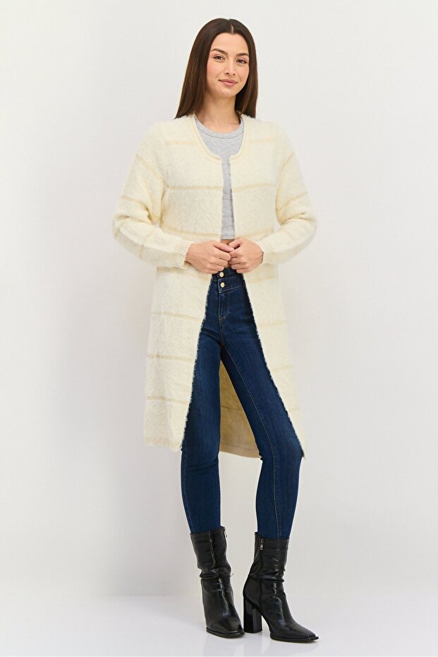 Women Textured Open Front Cardigan, Off White
