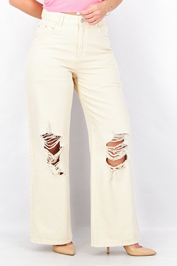 Women Regular Fit Rip No Stretch Jeans, Beige