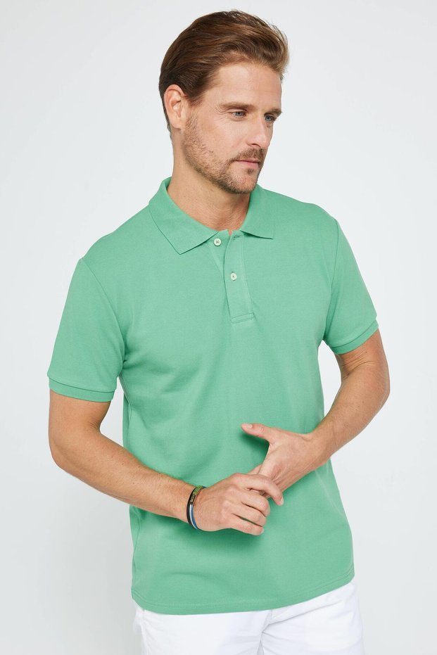 Men's Slim Fit Slim Fit 100% Cotton Plain Pique Green Polo Collar T-Shirt