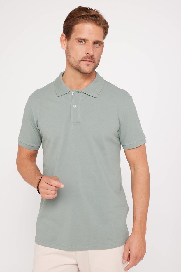 Men's Slim Fit Slim Fit 100% Cotton Plain Pique Green Polo Collar T-Shirt