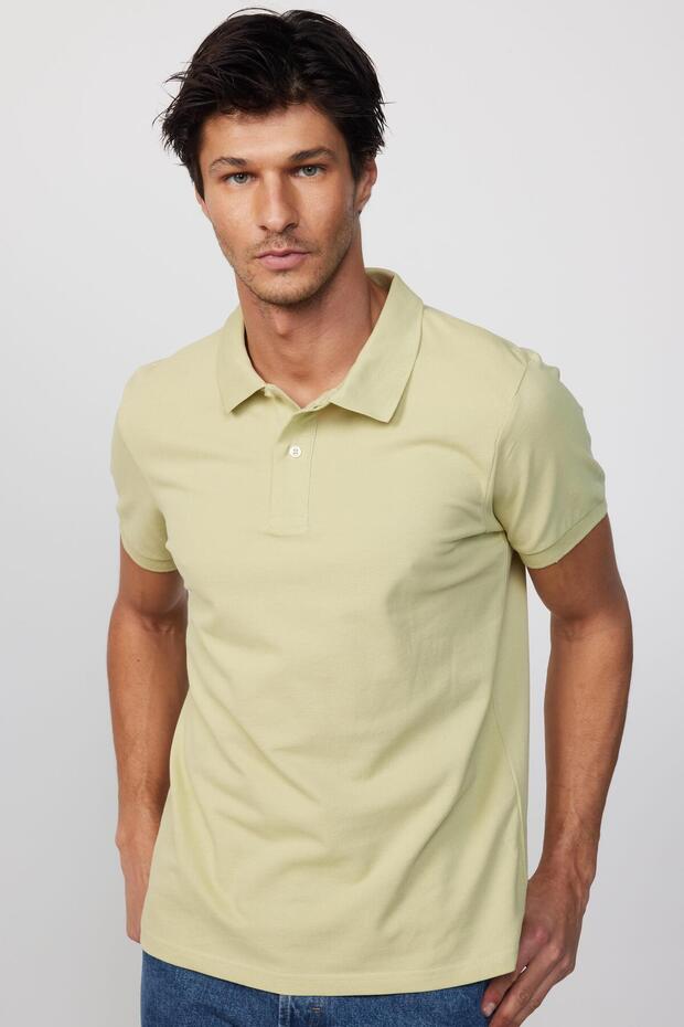 Men's Slim Fit Slim Fit 100% Cotton Plain Pique Green Polo Collar T-Shirt