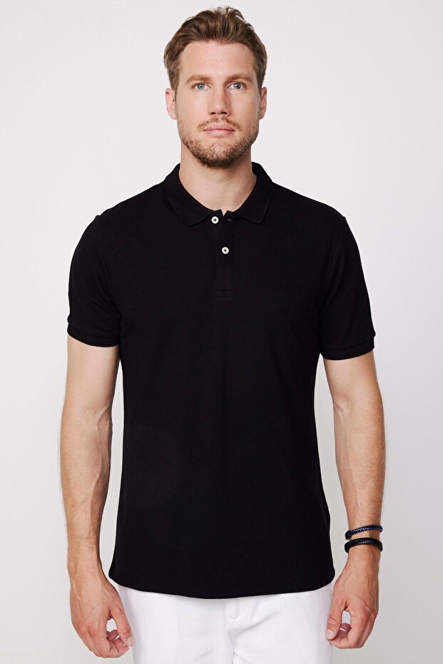 Men's Slim Fit Slim Fit 100% Cotton Plain Pique Black Polo Collar T-Shirt