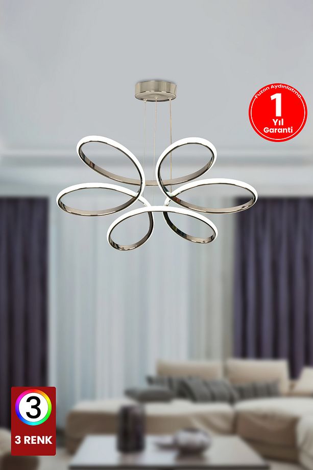 Orkide Medium 3 Renk Kumandasız  Gümüş Led Avize  Salon Avize Oturma Odası Avize - 1