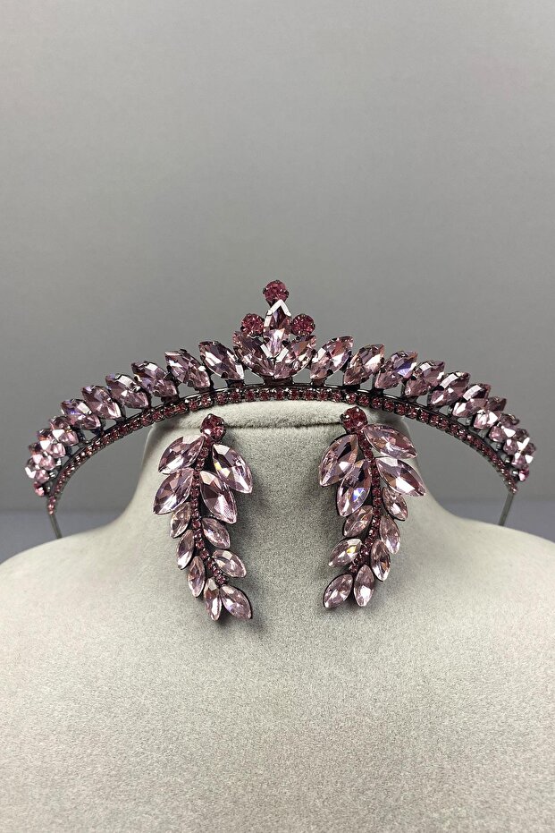 Pink Ece Bridal Henna Crown and Leaf Jewelled Earring Set