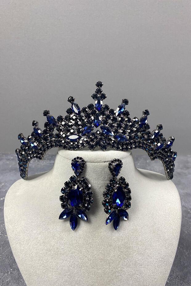 Navy Blue Tokyo Stoned Bridal Henna Crown and Shuttle Earrings