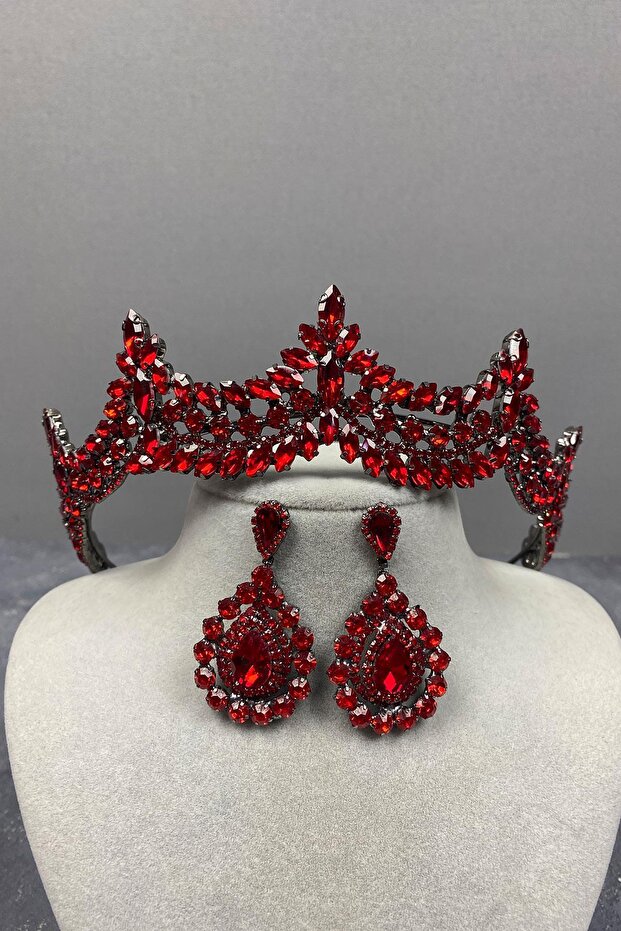 Red Venice Stone Bridal Henna Crown and Drop Earring Set