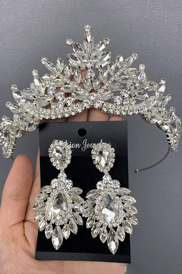 Silver Color Berlin Bridal Crown and Earring