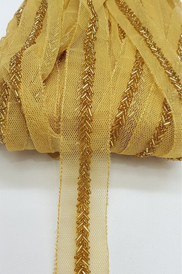 Sarı Kırık Boncuk İşlemeli Şerit 1-1,5 cm - 1