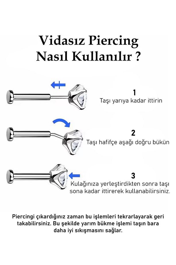 Vidasız Çelik Mavi Disk Taşlı Tragus Conch Helix Kıkırdak Kulak Piercingi (1 Adet) - 2