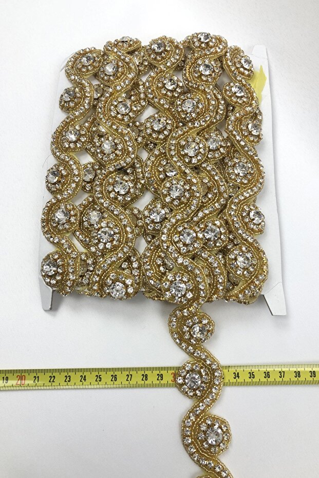 Sarı Su Yolu Desenli Ütüyle Yapışan Taşlı Şerit - 3