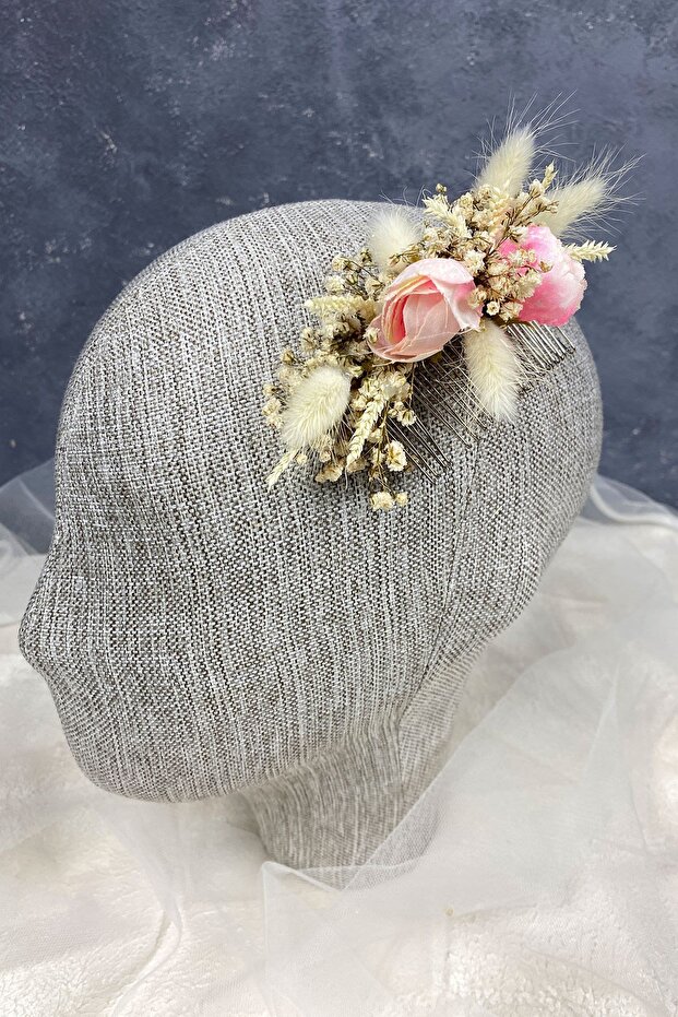 Salmon Cotton Grass Cipso and Artificial Flower Comb Hair Clip