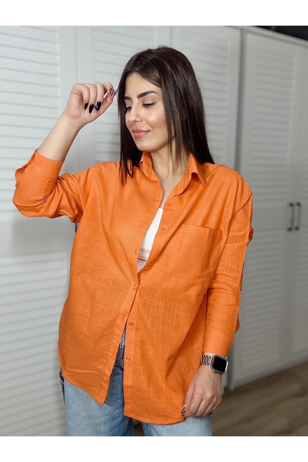 Orange Flared 100% Cotton Linen Shirt