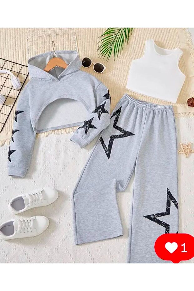 Girl's Star Printed Crop Sweat Sweatpants Set