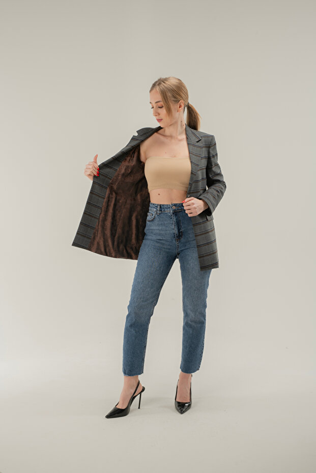 Ekose Dirsek Detaylı Tek Düğme Astarlı Vatkalı Blazer Ceket - 7
