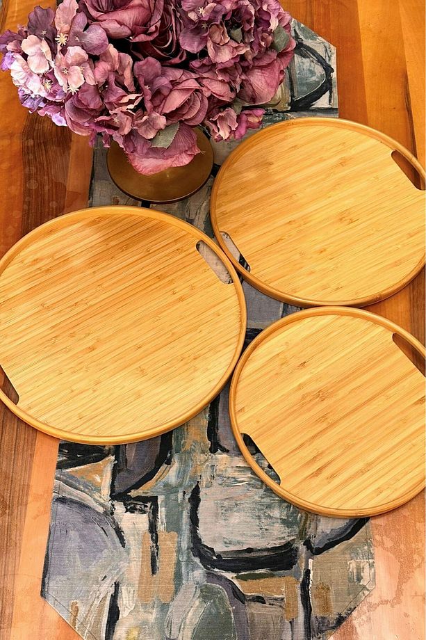 Yuvarlak Bambu Tepsi 3'lü Set, 30 cm, 35 cm ve 38 cm Çaplarında 3 Adet Bambu Tepsi, Tutamaçlı - 6