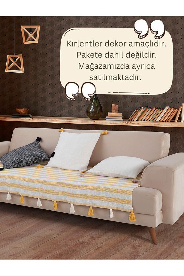 Liva Ponponlu Sarı 3 Adet Koltuk Örtüsü 115x200 Cm Kanepe Divan Çekyat Berjer Örtüsü Püsküllü - 3
