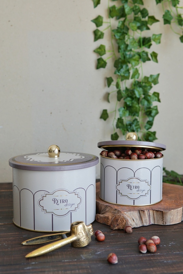 Retro Pattern Metal Storage Container Set - Set of 2 (1.3 Lt - 2.9 Lt) Erb53U6 - 2