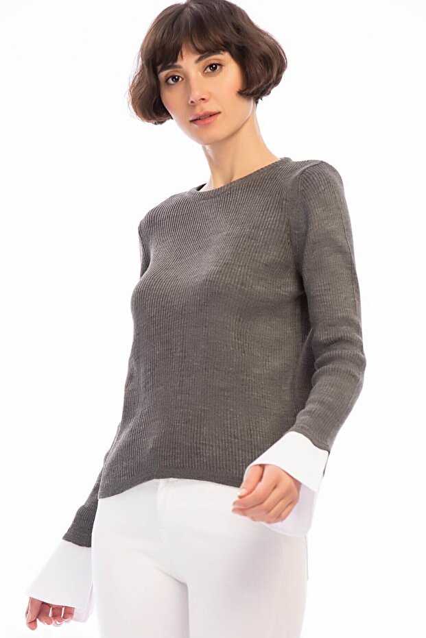 8506003 Slim Ribbed Camisole Long Sleeve Blouse with Cuff Trim Fume