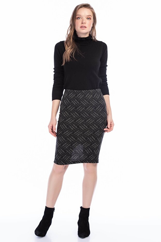 8515171 Straw Patterned Elastic Waist Slit Pencil Skirt Khaki