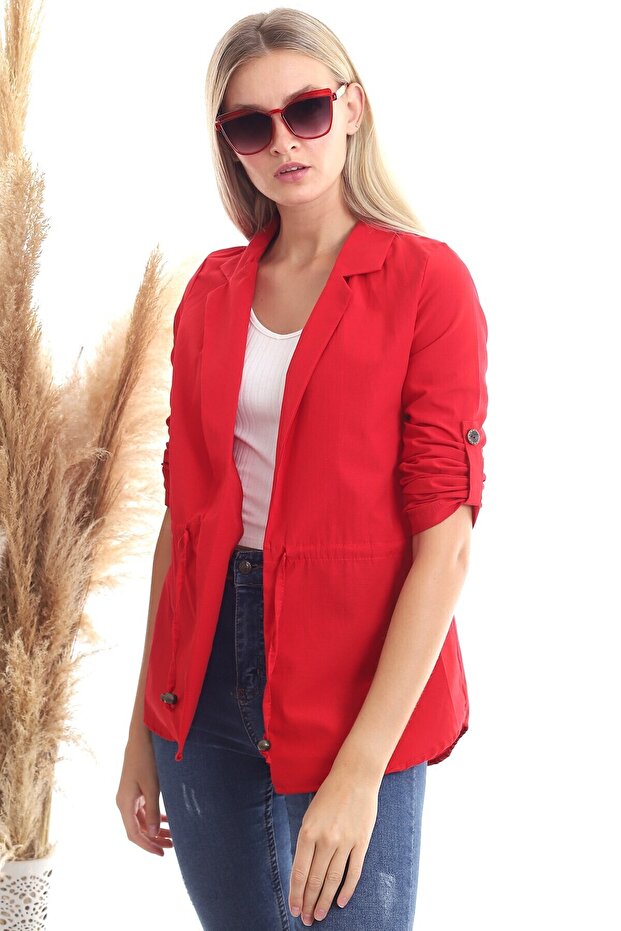 20342379 Viscose Waist Tie Long Sleeve Jacket Red