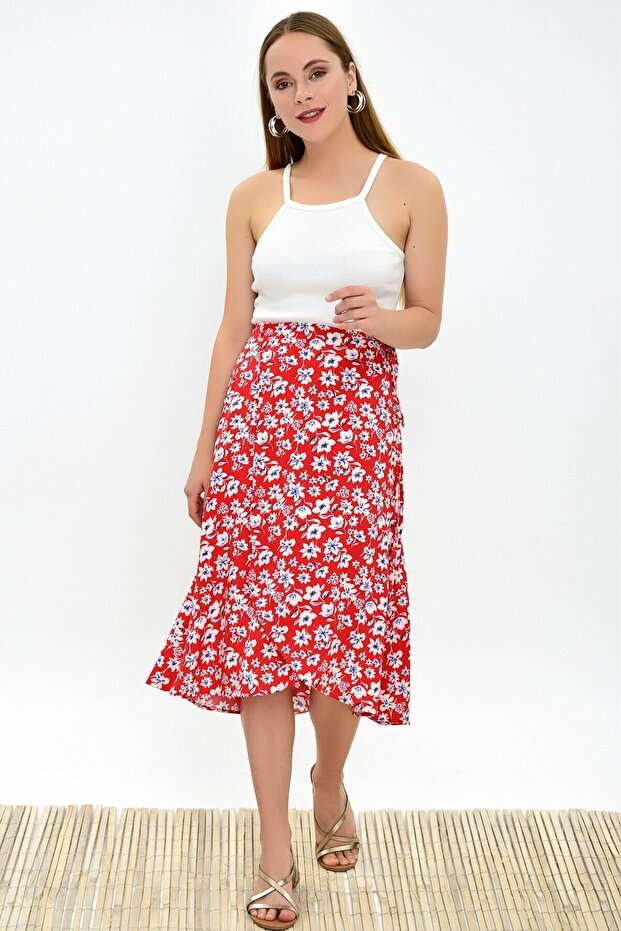 9313124 Dok.Viskon Patterned Tie-Waist Wrap Skirt Red White