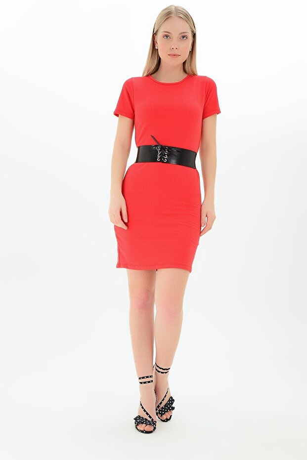9111112 Double-Layered Crew Neck Short Sleeve Dress Red