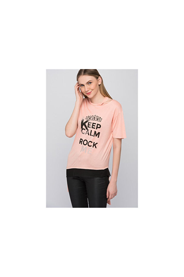 8101001 Keep Calm Printed Left Neck Cutout Short Sleeve Tunic Pudra