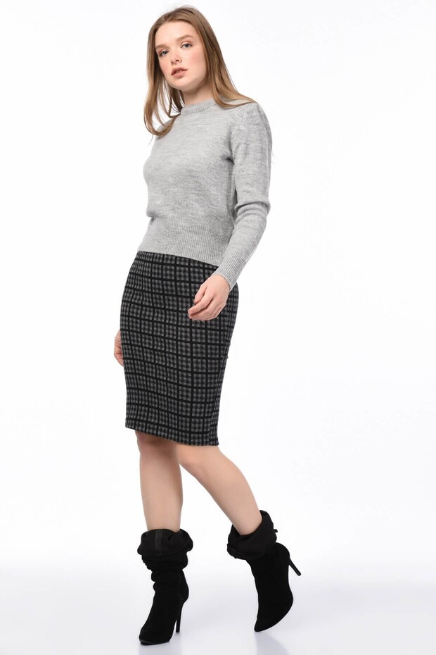 8525287 Pitikare Patterned Elastic Waist Slit Pencil Skirt Fume