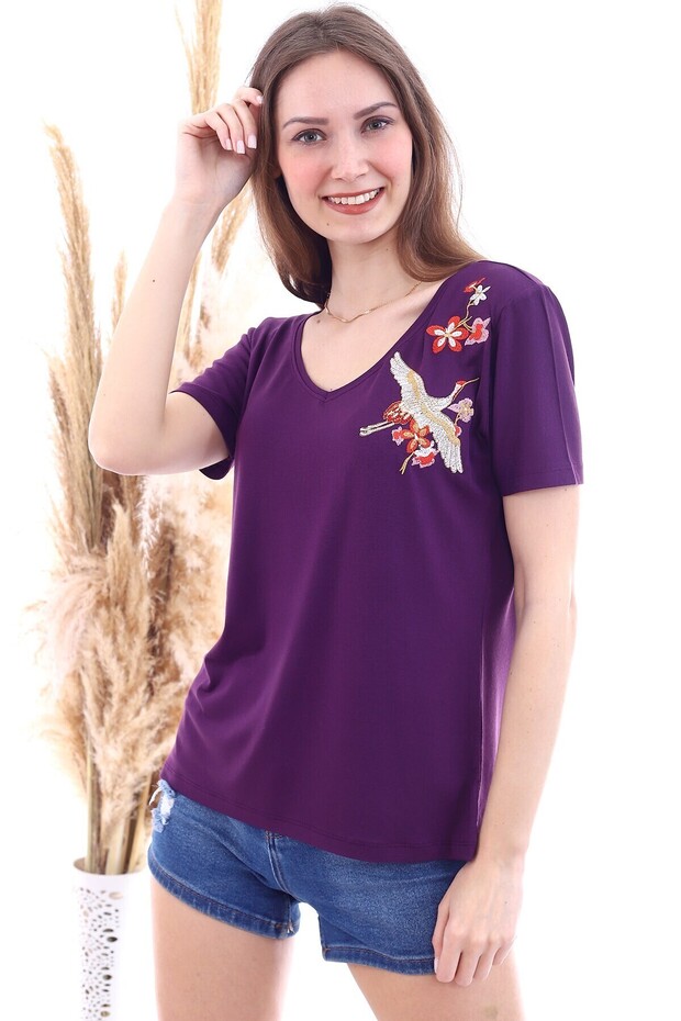 7130562 Stork Embroidered V-Neck Boyfriend Short Sleeve Blouse Murdum