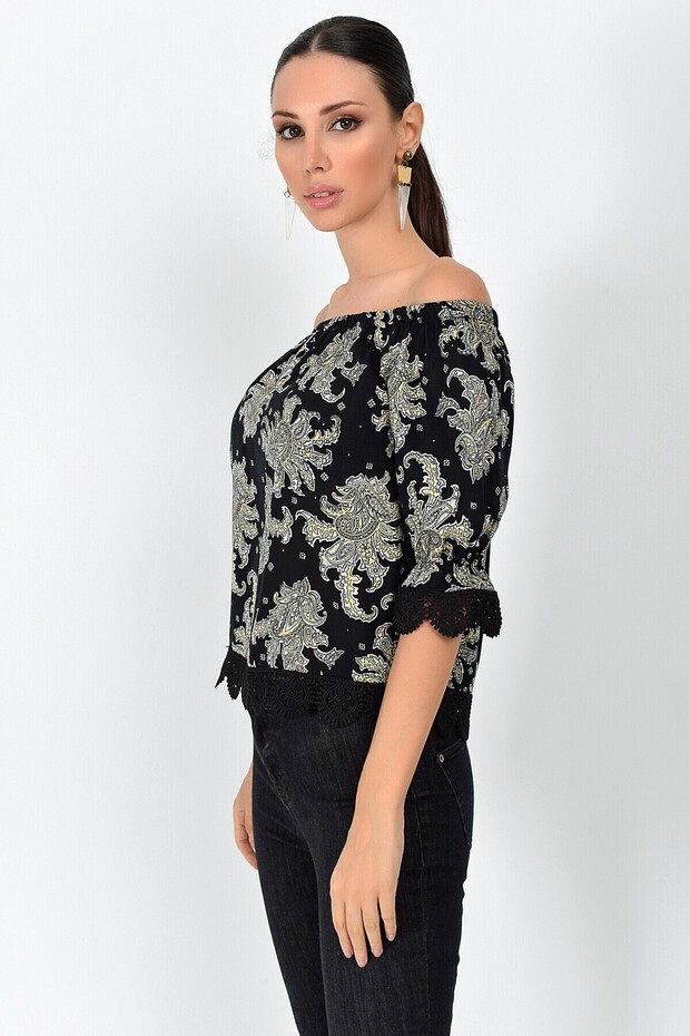 9363010 Dok.Desnli Viscose Sleeve Skirt Guipure Lace Madonna Collar Blouse Black Sal