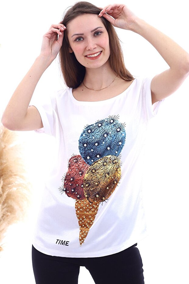 20061957 Single Jersey Ice Cream Printed Pearl T-Shirt White