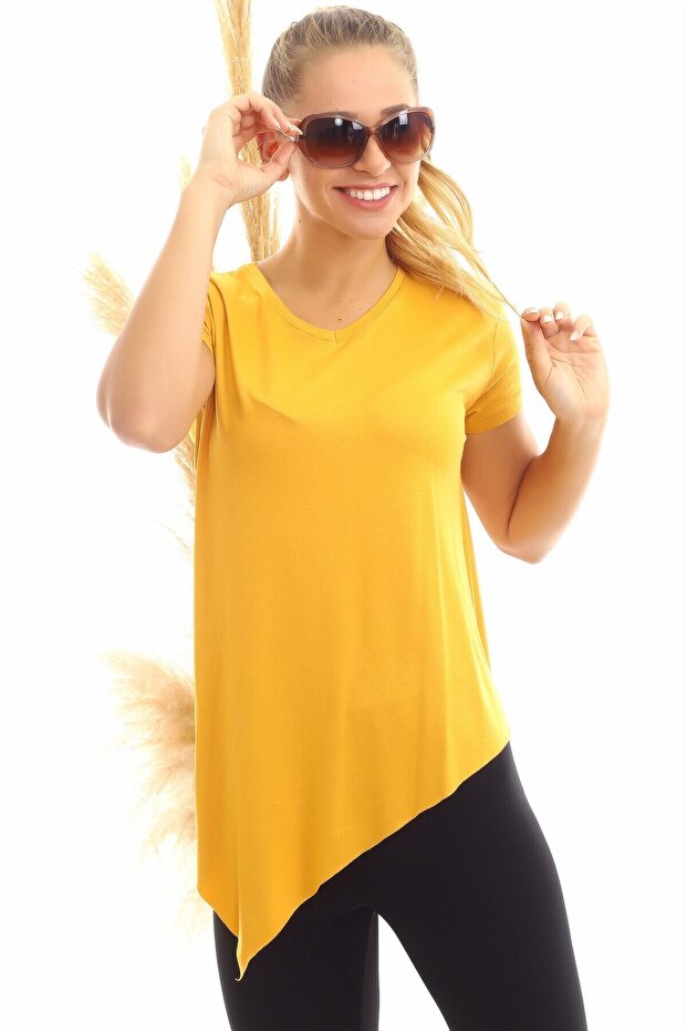 20060632 Viscose V-Neck Asymmetrical Short Sleeve Blouse Mustard