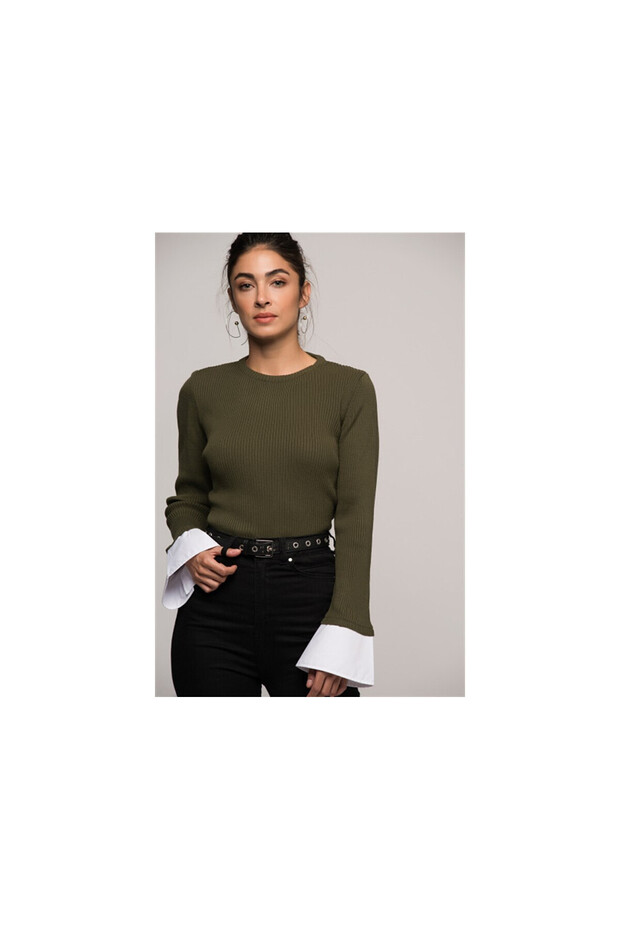 7376003 Slim Ribbed Camisole Long Sleeve Blouse with Cuff Trim Khaki