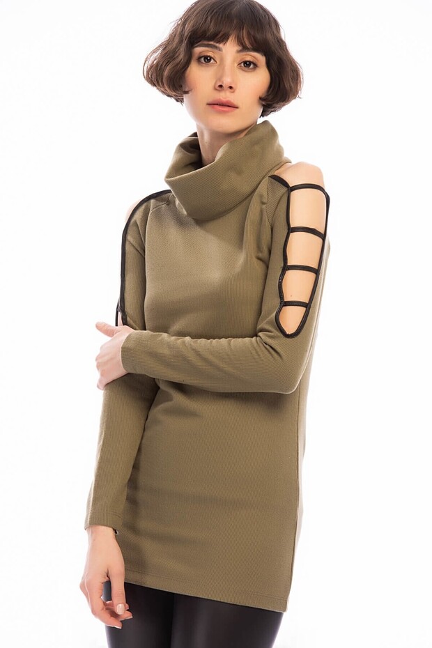 8501421 Thessaloniki Sleeve Leather Trim Paneled Dagaje Tunic Khaki