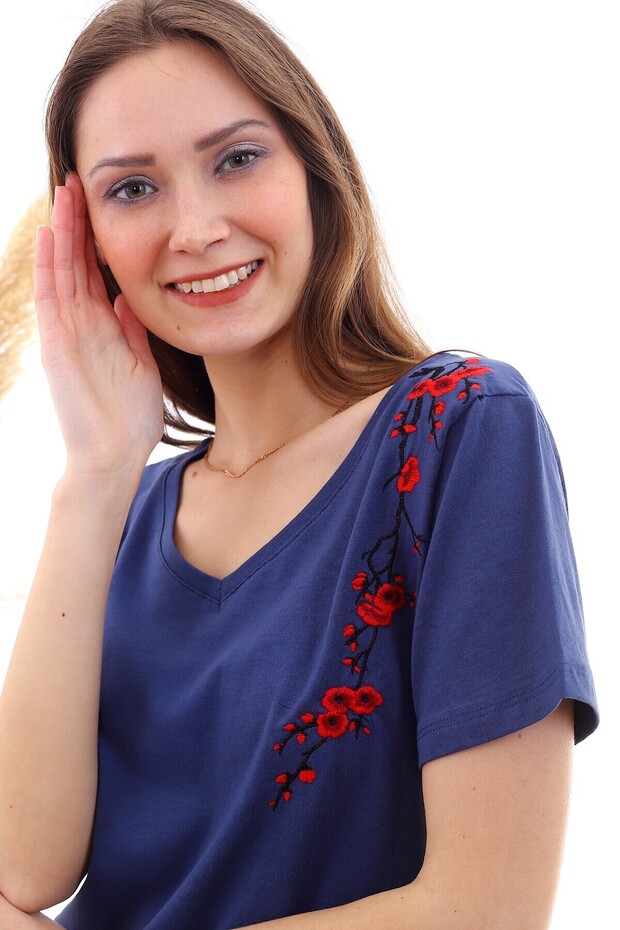 20050526 Single Jersey Short Sleeve Blouse with Floral Embroidery on the Shoulder Indigo