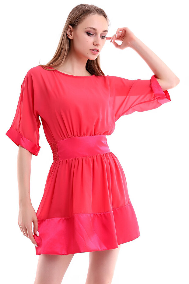 20050519 Chiffon Satin Garnished Batwing Sleeve Dress Coral