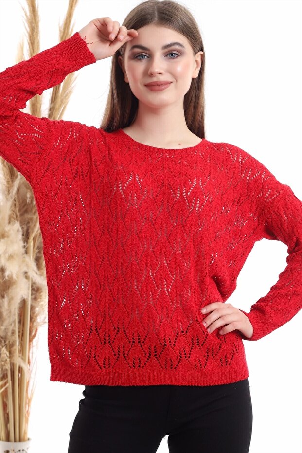 20516177 Knitwear Jacquard Patterned Crew Neck Sweater Red