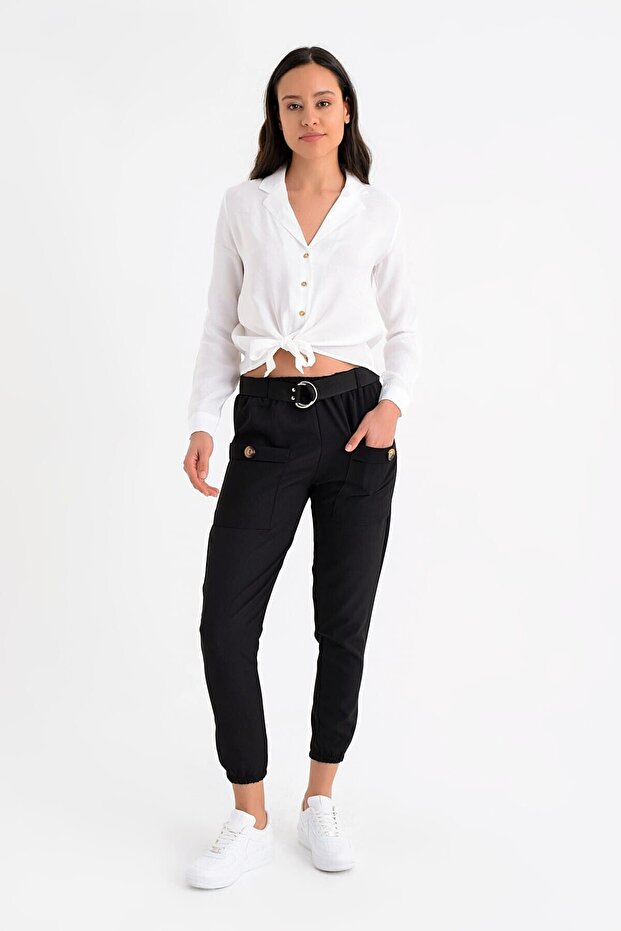 9152981 Buckle Leg Elastic Front Pocket Trousers Black