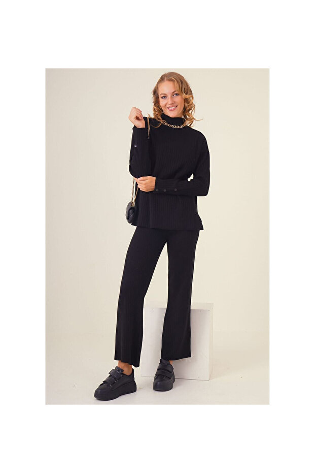 22436308 Knitwear Set with Buttoned Sleeves, 2-Piece Set (Bottom-Top) Black