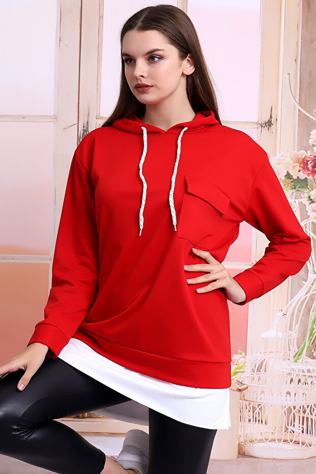 21404011 Double-Layered Hooded Pocket Skirt Garnished Long Sweatshirt Red