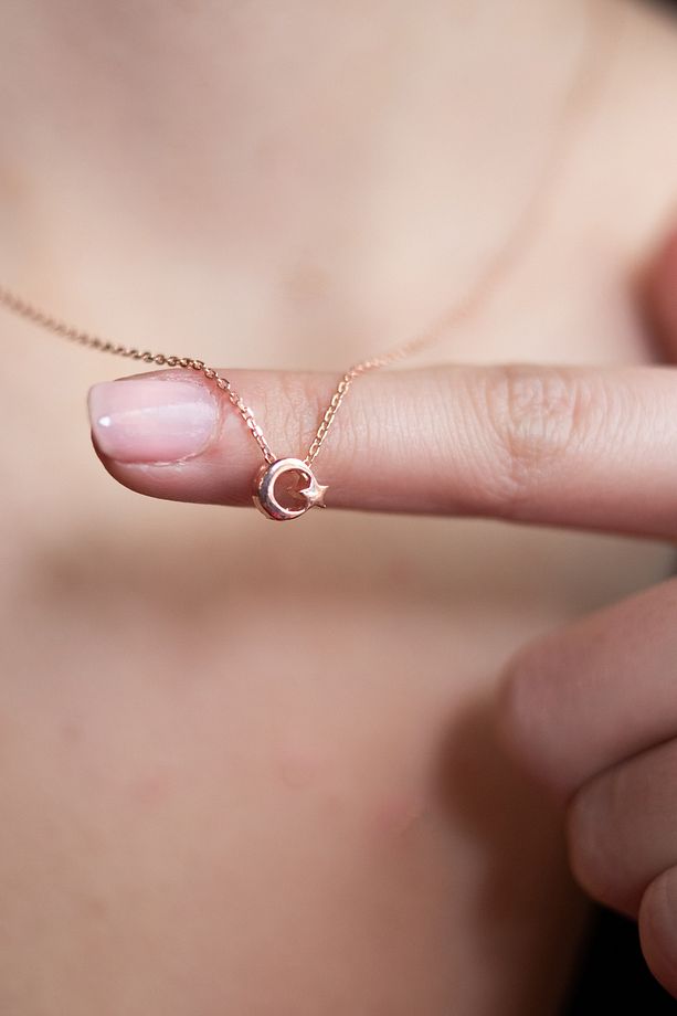 925 Ayar Rose Kaplamalı Minimal Ay Yıldız Gümüş Kolye - 1