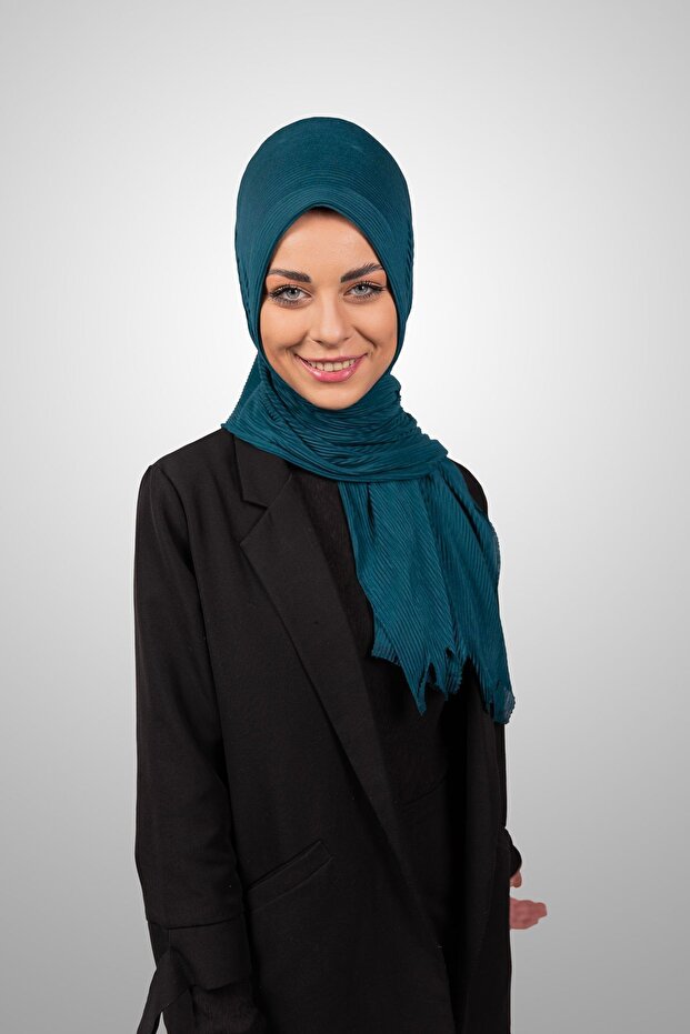 Practical Pleated Shawl Ready-To-Wear Organic Dark Petrol Color Sponge Model