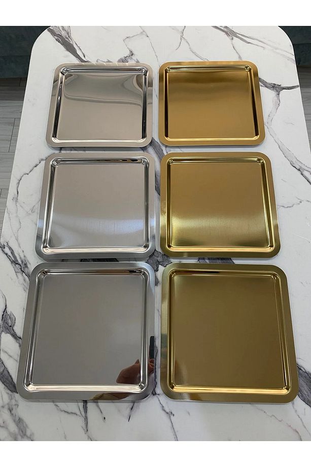 3 Adet Gümüş Ve 3 Adet Gold Kare Sunum-Kahve Tepsisi - 2