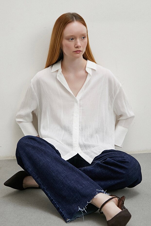 Çift İğneli Pamuklu Gömlek Beyaz - 5